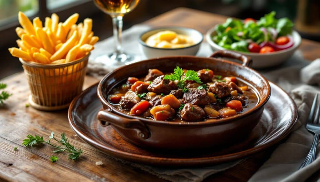découvrez notre menu complet mettant à l'honneur la carbonade flamande accompagnée de ses garnitures traditionnelles pour un repas authentique et savoureux.