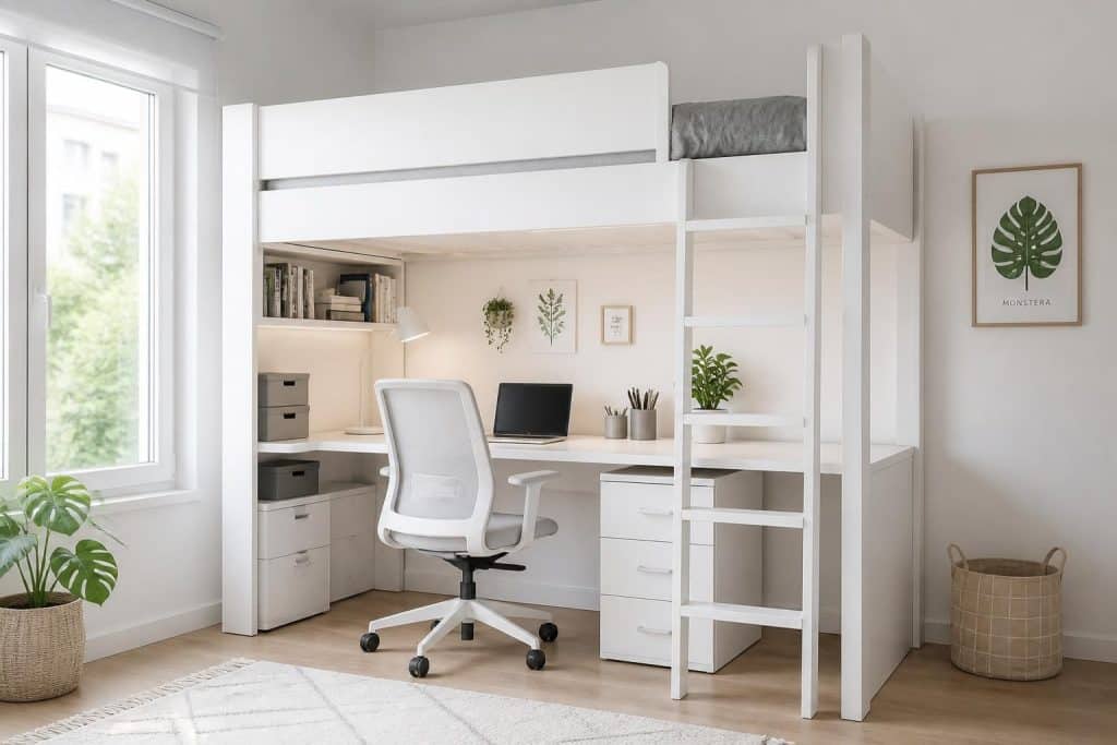 découvrez notre lit mezzanine blanc avec bureau intégré, idéal pour gagner de la place et optimiser l’espace dans votre chambre avec style et fonctionnalité.