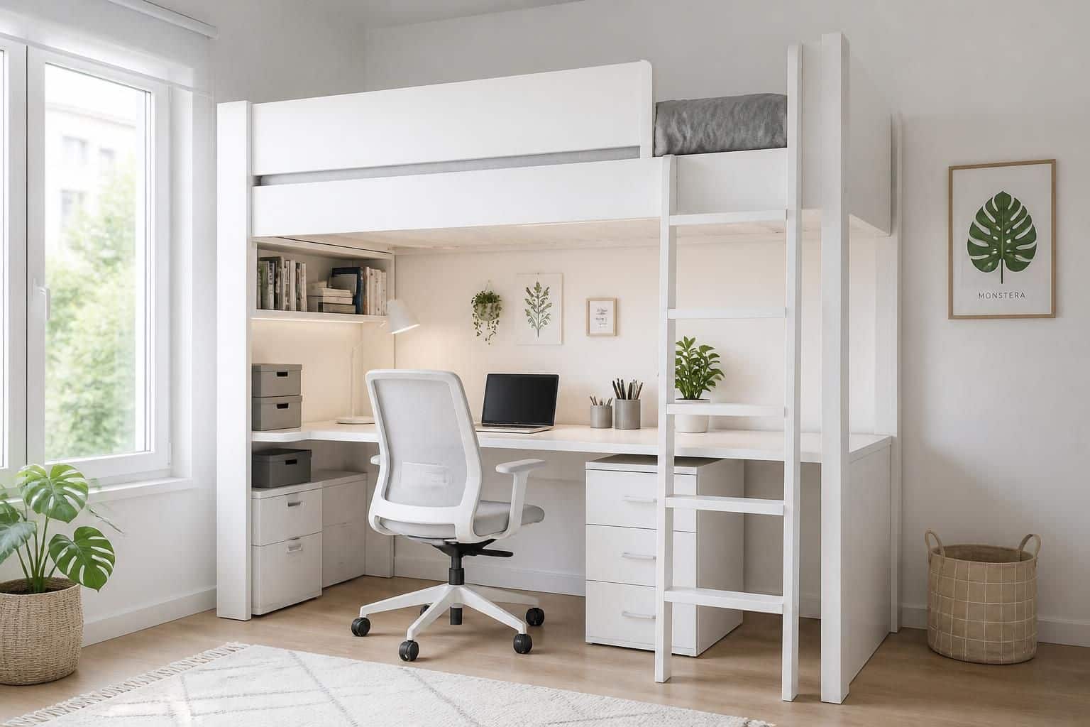découvrez notre lit mezzanine blanc avec bureau intégré, idéal pour gagner de la place et optimiser l’espace dans votre chambre avec style et fonctionnalité.