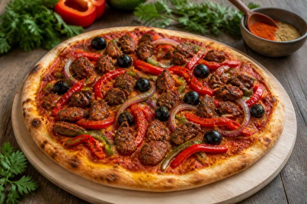 découvrez une recette facile de pizza orientale garnie de merguez savoureuses et d'épices traditionnelles pour un délicieux voyage culinaire.