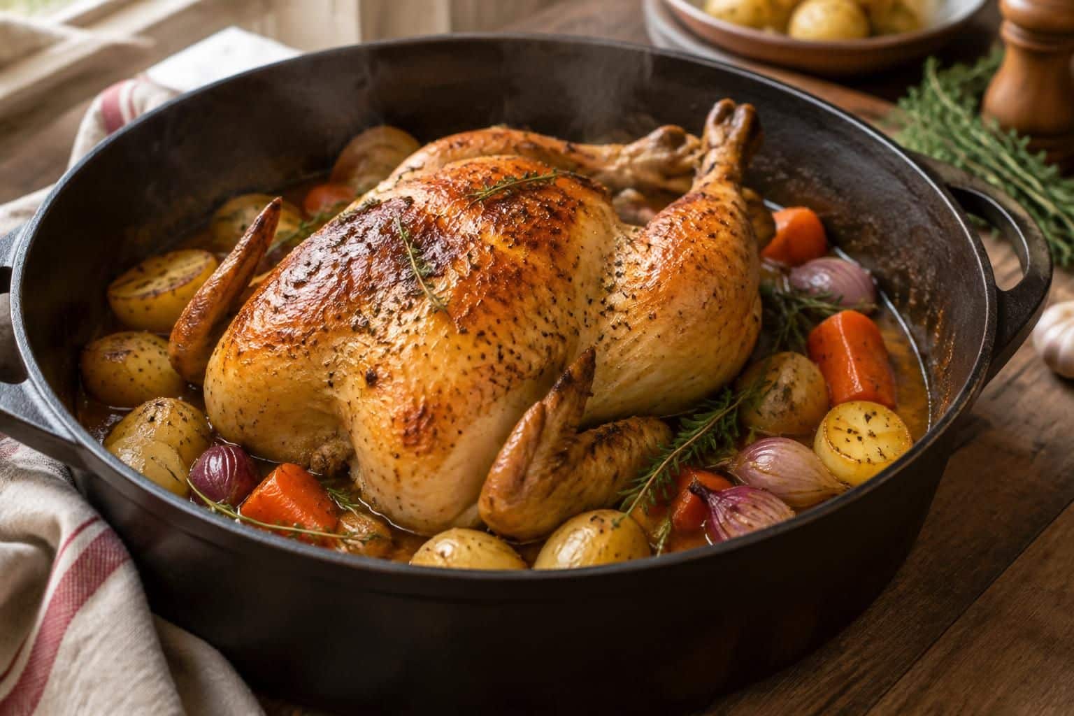 découvrez une recette simple et savoureuse de poularde en cocotte au four, tendre et parfumée, idéale pour un repas convivial.